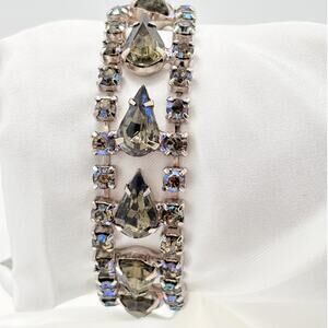 Mid‑Century Black Diamond Rhinestone Bracelet, Olivine AB Accents, 1960s–70s